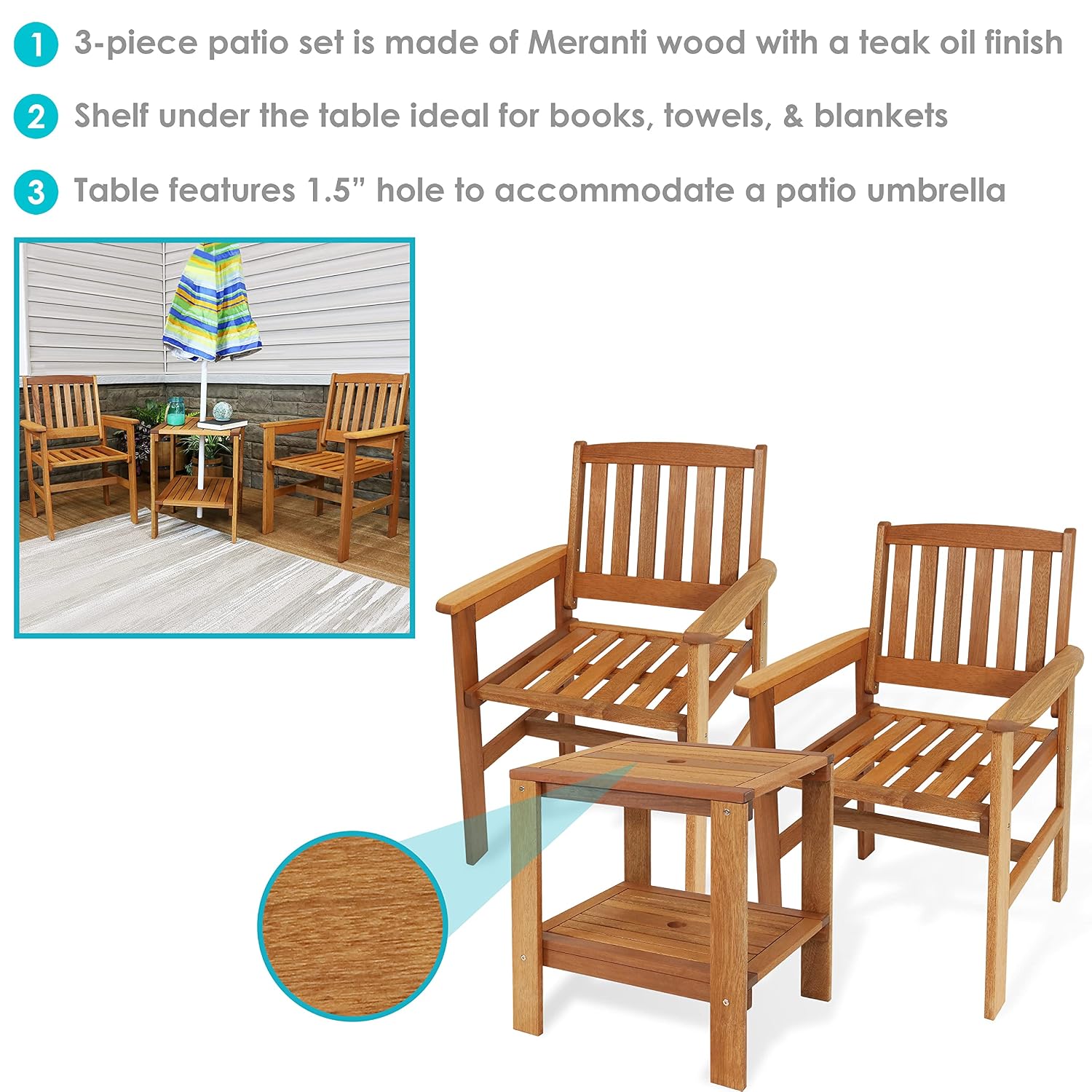 3-Piece Wood Patio Set 2 Chair - Outdoor Furniture Oil review and price